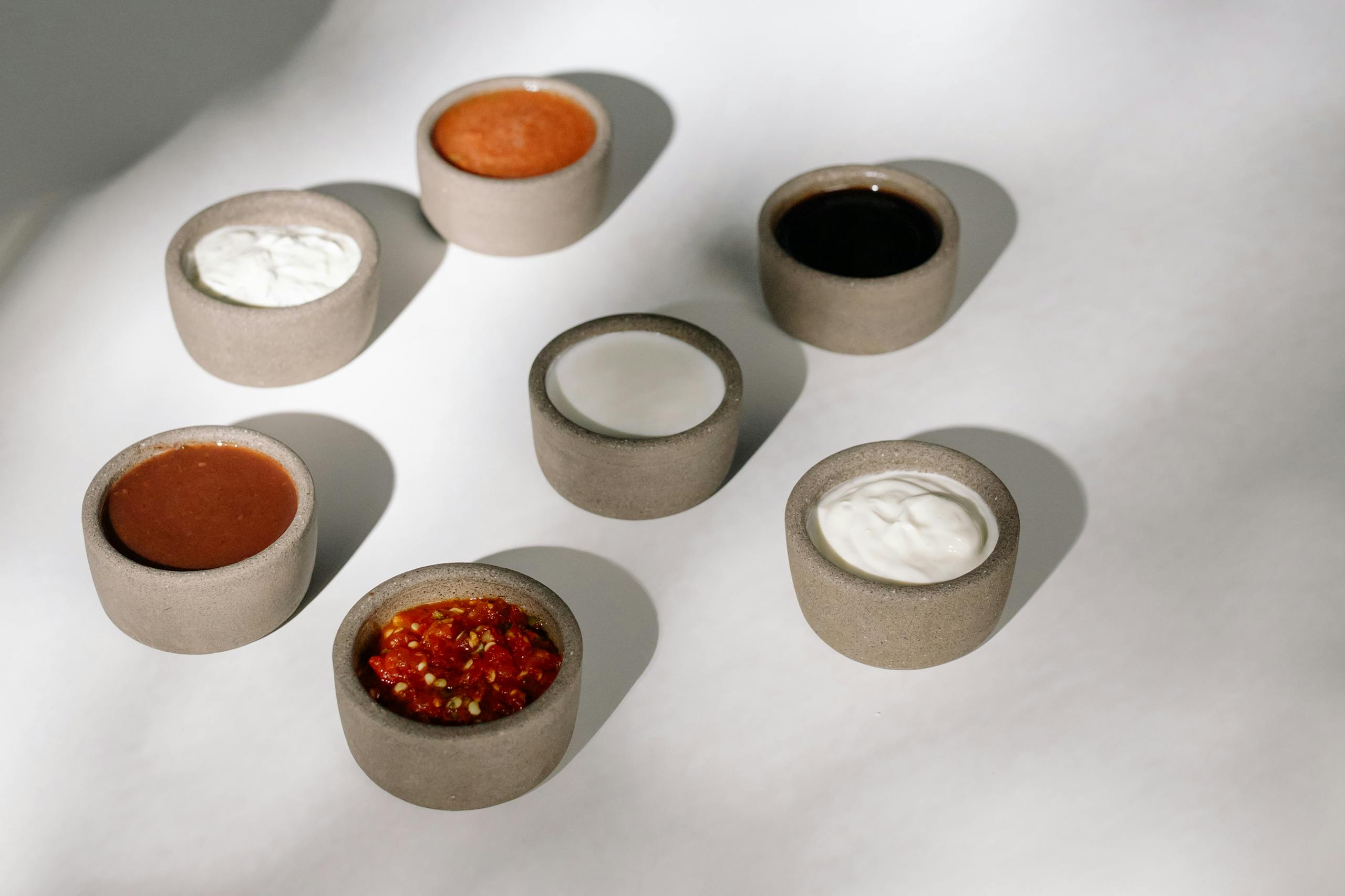Variety of sauces and dips in rustic ceramic bowls under natural sunlight.